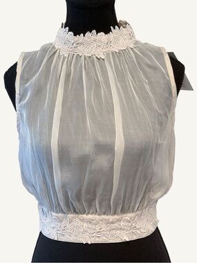 NWT Fabric Mache Ivory Sheer Floral Applique Crop Top Open Back S